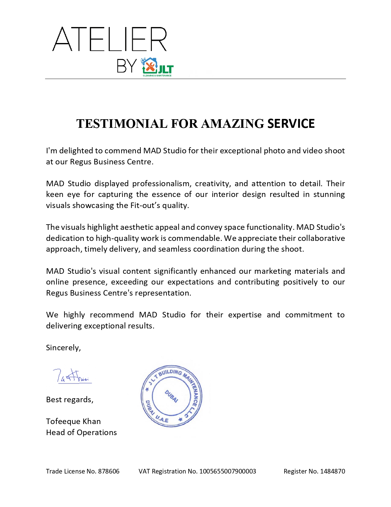 Testimonial Letter